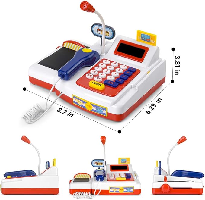 ZOVI Cash Register Playset Toy for Kids with Scanner, Real Calculator, Microphone, Play Food, Supermarket Cashier, Sounds & Early Learning Play