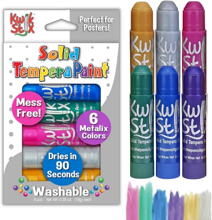The Pencil Grip Kwik Stix Metalix Paint Pens, Metallic Tempera Paint Pens, Super Quick Drying, 6 Count - TPG-613, Gold,silver,pink,green,blue,purple