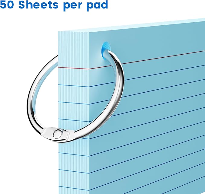 250 Count Index Cards 3x5 Inch with Key Ring, 180gsm Heavy Weight Colored Flash Cards 5 Color Assortment (50 Sheets Each), Note Taking for Students, Teachers, Study Note Cards for Office Home School