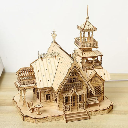 3D Wooden Puzzles for Adults 267pcs Vintage LED Light Villa DIY Wooden Assembly Kit for Teens Home Decor