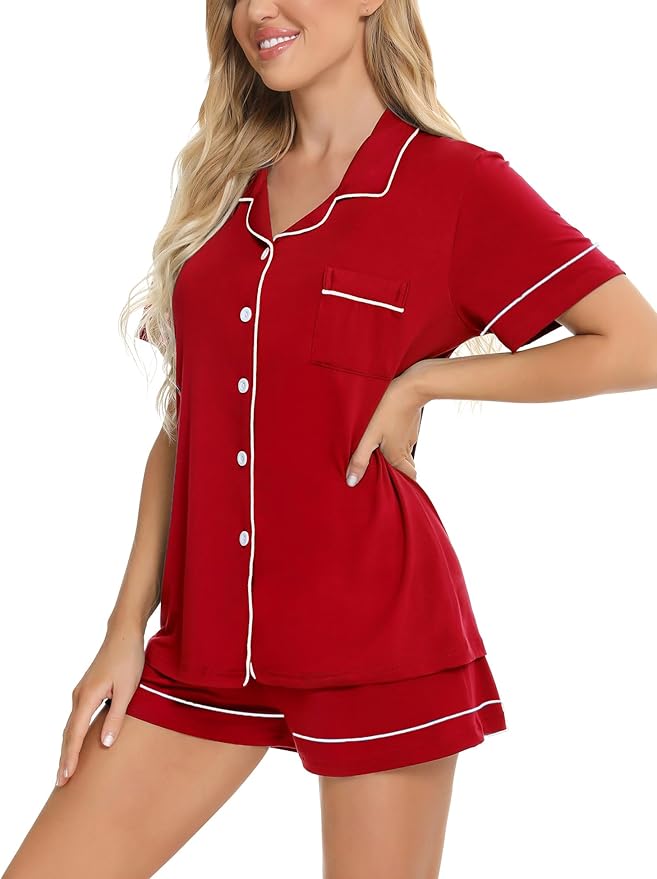 SWOMOG Womens Button Down Pajamas Set Short Sleeve Sleepwear Bride Soft Pj Lounge Sets XS-3XL