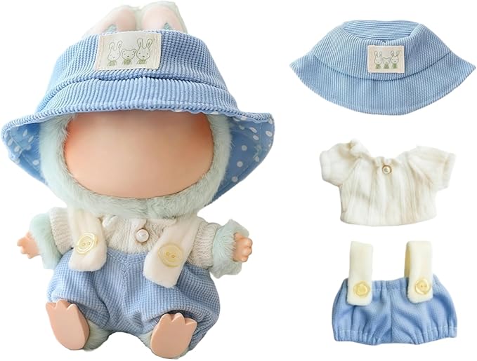 Clothes for Dolls Accessories (No Doll), Cute Outfit Set 3 Pieces Bib Pants Suitable for 15 & 17cm Doll Suit, Stylish Dress Up Overalls Doll Clothing Set Replacement with Hat Clothes Blue