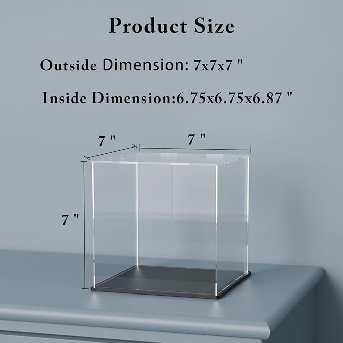 7x7x7 Inch Clear Acrylic Display Case, Rectangle Acrylic Box for Model Car Showcase, Plexiglass Case with Matt Black Stand for Toys