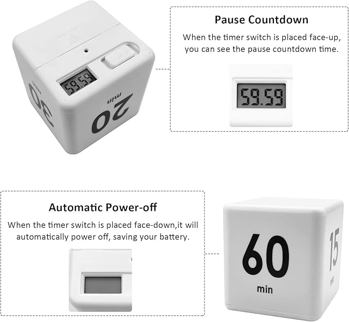 Kitchen Cube Timer, Kids Timer for ADHD Productivity Workout Flip Classroom for StudyTime Countdown Management Settings 15 20 30 60 Mins, White