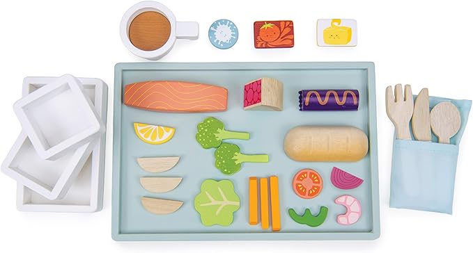 Tender Leaf Toys - Airline Meal Tray - Wood Pretend Play Food Set for Imaginary Travel - Includes 3-Course Plane Meal, Accessories and Passport - Encourages Imaginative Play, Language Skills - Age 3+