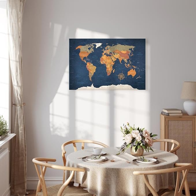 artgeist Acoustic Canvas Wall Art Print World Map 35x24 in - 1pcs Picture with Acoustic Foam Sound Print Artwork Room Acoustics Soundproofing Poster Map of The World World Travel Map k-C-0048-b-b