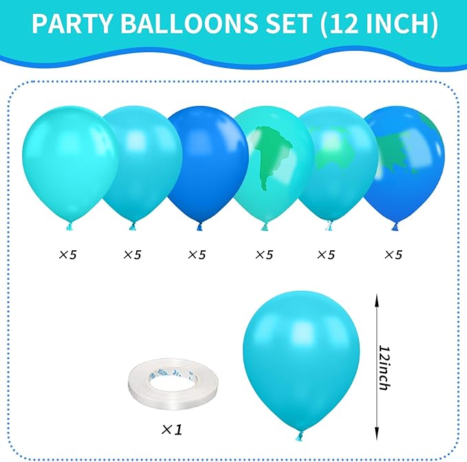 Earth Balloons Set, 12inch Blue and Green Balloons, Global Balloon Blue Green Teal World Map Printed Latex Balloon for Travel Theme Space Theme Party Earth Day Decoration Teaching Supplies