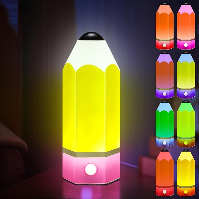 VIHOSE Classroom Pencil Lamp Glass LED Design Classroom Lamp for Teachers Students Gifts 11.4" Adjustable Multicolor Night Light Supplies for Christmas Holiday Gift Desk Home Bedroom Table Decoration