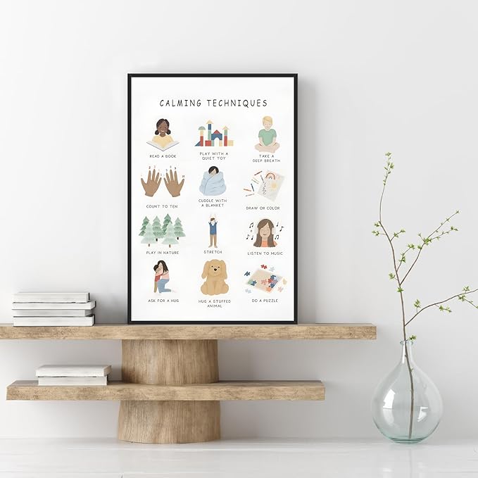 Feelings Calming Techniques Canvas Wall Art Calming Corner Classroom Mental health Posters Boho Emotions Chart for Kids Prints Special Education Wall Decor for Office School 12x16in BlackFramed