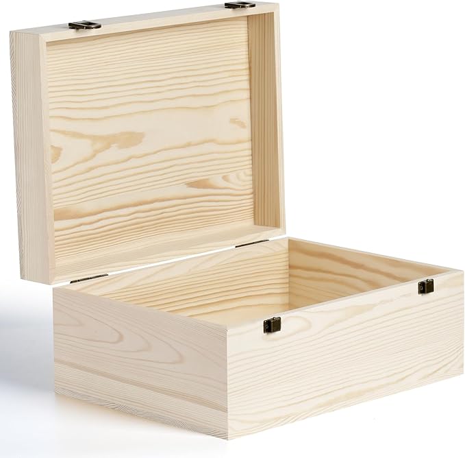 Large Wooden Box 14'' x 10.4'' x 6.5'' Unfinished Wood Box with Hinged Lid Wooden Boxes for Crafts,Storage,DIY, Large Keepsake Wood Unfinished Pine Box for Paint,Wood Burning