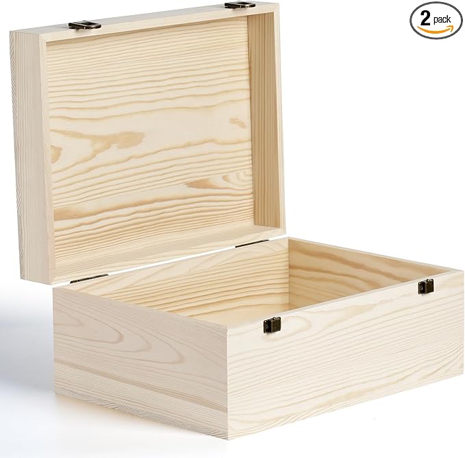 2 Pack Unfinished Wood Box with Lid Large Wooden Box(14”x10.4”x 6.5"+12"x 9"x4.9") Pine Storage Wood Boxes for Crafts, Jewelry, Art, DIYMemory,Keepsake Wooden Gift Boxes