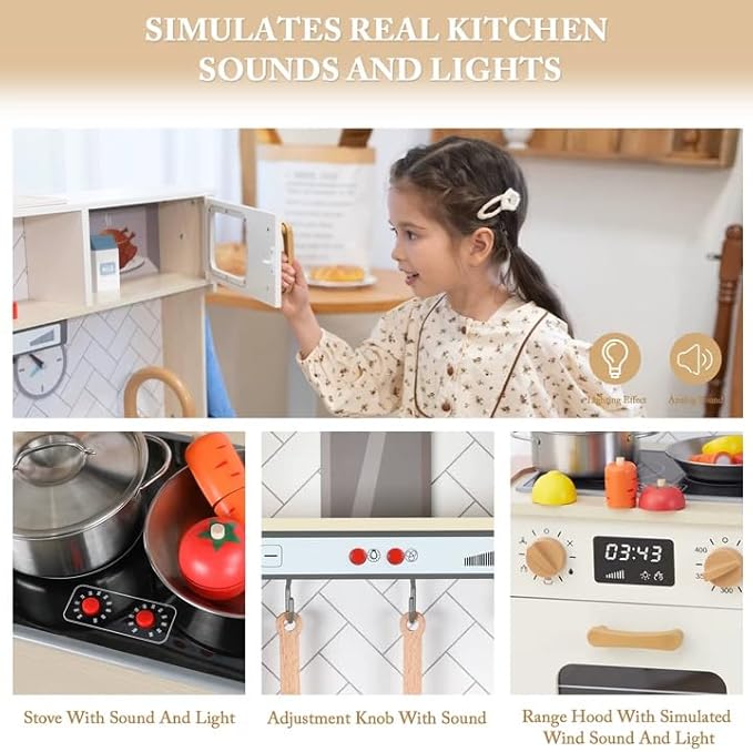 Freniland Wooden Play Kitchen, Kitchen Playset for Kids with Realistic Stove, Range Hood, Oven, Ice Maker, Microwave, Sink, with Light & Sound, 18 Accessories, Pretend Toy Kitchen, Gift for Ages 3+