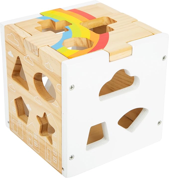 Wooden Rainbow Shape Sorter Cube – Sorting Toy with 13 Geometric Shapes & Removable Lid – Educational Game for Dexterity & Fine Motor Skills – Teaches Counting, Shapes and Colors – Ages 12+ Months