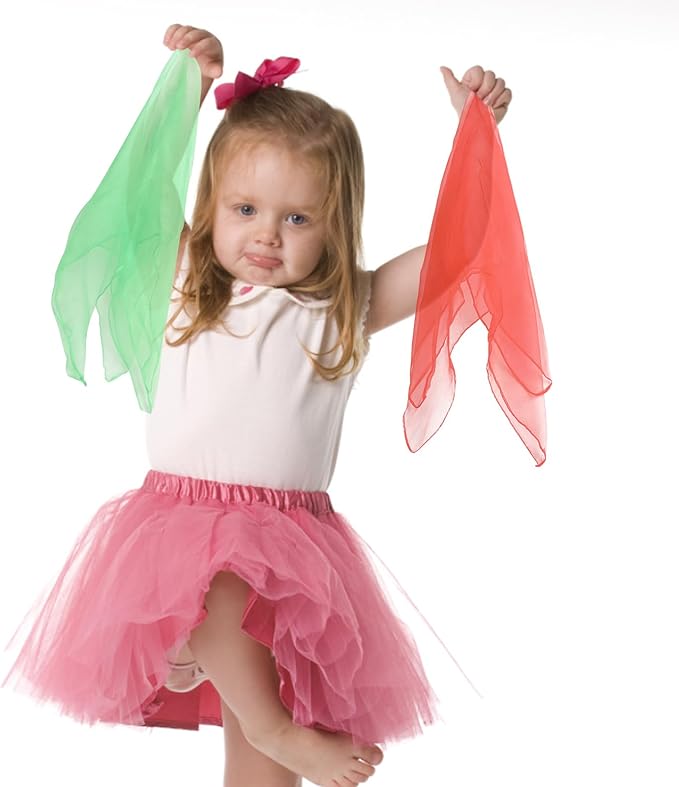 KIMOBER 24PCS Square Dance Scarves,12 Colors Juggling Silk Magic Tricks Music Movement Scarf Props for Kids Toddlers Children(24in × 24 Inches)