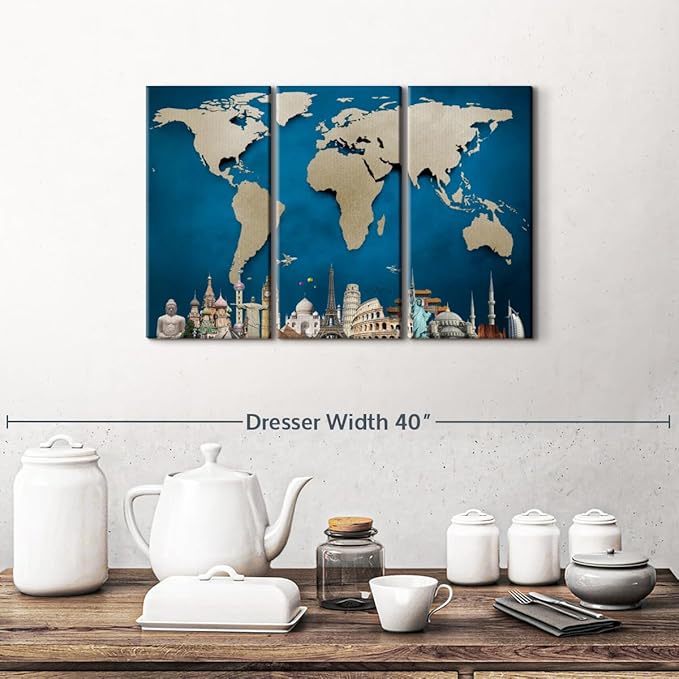 ElephantStock Ocean Blue World Map Multi Piece Canvas - 3 Panel Wall Decor - Map of the World Art - Canvas for the Office and Home - 23" X 14"