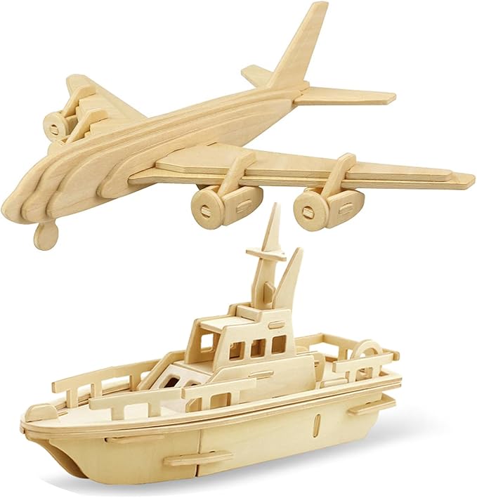 Georgie Porgy 3D Wooden Puzzles for Kids Toys Construction Woodcraft Kits DIY Model Puzzle Kits Birthday Gifts Pack of 2 (Civil Airplane Yacht)