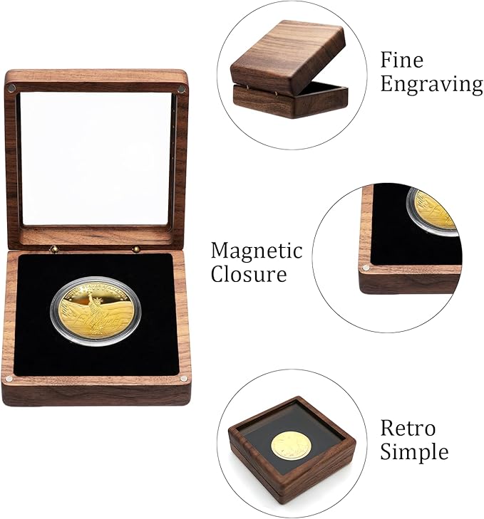 Walnut Wood Coin Display Case, Challenge Coin Holder, Acrylic Clear Cover, Compatible with Coins Measuring 17/20/25/27/30/35/40/46mm in Diameter and Less Than 3mm in Thickness