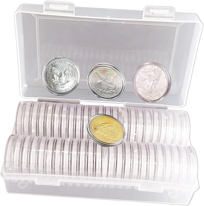 40.6mm Silver Dollar Coin Holder,Silver Eagles Coin Capsules for Collectors with Clear Plastic Storage Organizer Box for Coin Collection Supplies (50)
