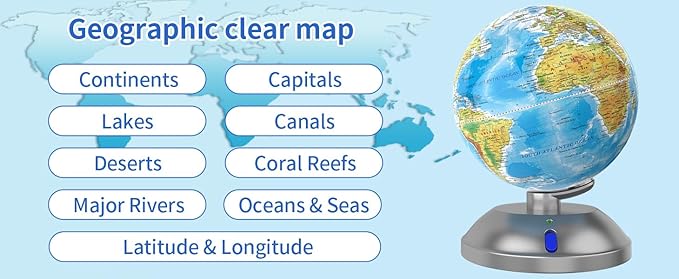 360° rotating globe, independently supported by a beautiful silver plastic base with a switch, 9-inch design, built-in LED night light, color high-definition visual map details, children's geography education, study and office decoration, living room d...