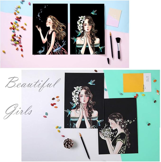 Scratch Art for Kids & Adult, Magic Rainbow Flower Engraving Painting Paper, Landscape Scratchboard(A4) Sketch Beautiful Crafts Set: 8 Sheets with 4 tools - Drawing Pens, Cleaning Brush(Girl / Sakura)