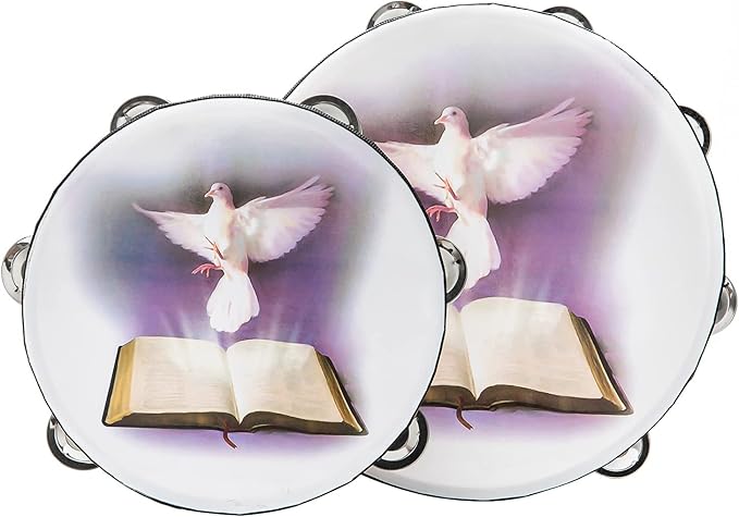 Musfunny 8 inch Dove Bible Double Row Jingle Tambourine for Adults,Handbell Clap Drum Tambourine for Pray Church Party Musical Instrument