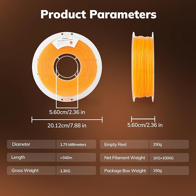 AMOLEN 95A TPU 3D Printer Filament, 1.75mm Glow in The Dark Orange, Soft TPU Flexible 3D Printing Filament, Best with UV Lamps, 1kg Spool, Dimensional Accuracy +/- 0.02 mm, Fit Most 3D Printers