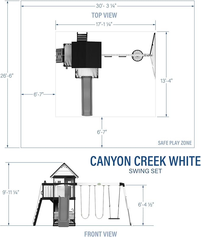 Backyard Discovery Canyon Creek White Cedar Wood Swing Set with Wave Slide, Clubhouse, Play Kitchen, Picnic Area, Belt Swings, Web Swing, Rock Wall, Balconies, Playhouse, Step Ladder, Outdoor Playset