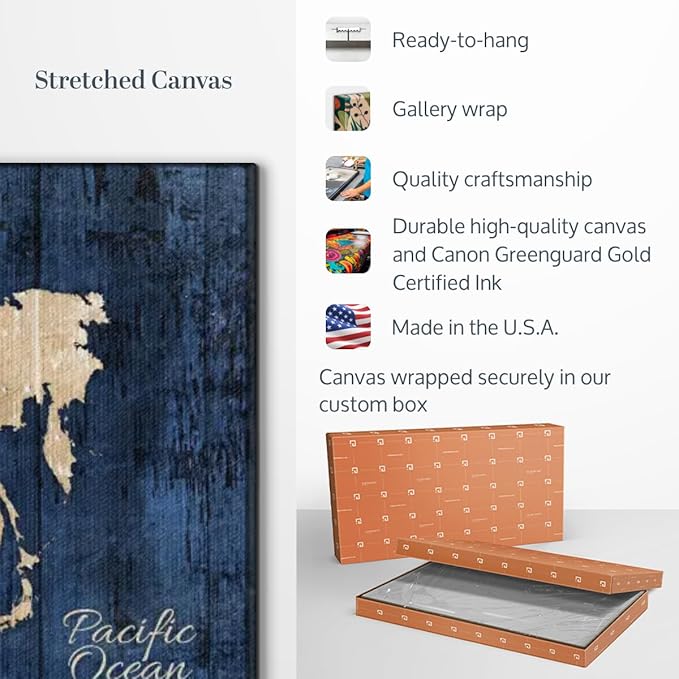 ElephantStock Aged Blue World Map II Canvas - 3 Panel Wall Decor - World Map Digital Art - Blue Wall Art - 23" X 14"