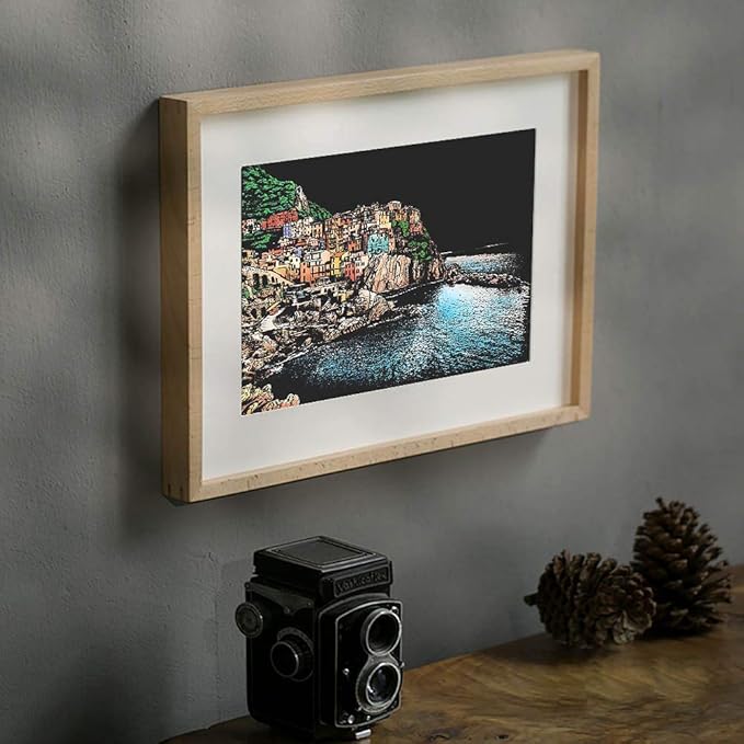 Rainbow Scratch Art Painting Paper (A4) for Adults & Kids, DIY Night View Scratchboard Set: 4 Sheets Scratch Cards & Clean Brush, Drawing Pen(Cinque Terre / Windmill / Ferris Wheel / Hot Air Balloon)