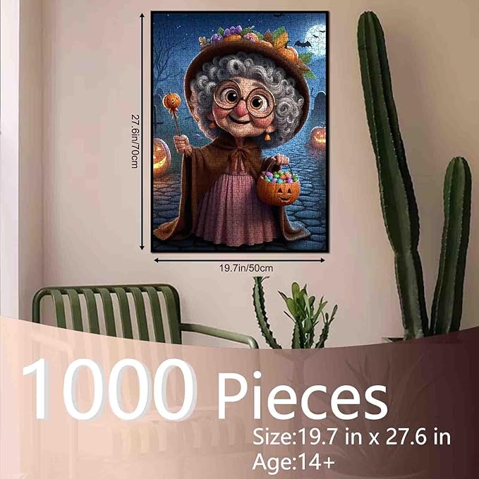 Halloween Grandma Holding Pumpkin Candy Bucket 1000 Piece Jigsaw Puzzle for Adults Students 20×27 Inches Full Moon Bats and Lanterns Cozy Fall Puzzles for Home Display and Gift Giving