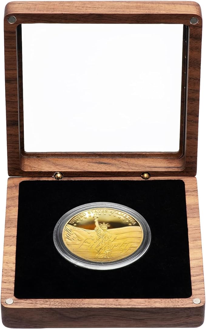 Walnut Wood Coin Display Case, Challenge Coin Holder, Acrylic Clear Cover, Compatible with Coins Measuring 17/20/25/27/30/35/40/46mm in Diameter and Less Than 3mm in Thickness