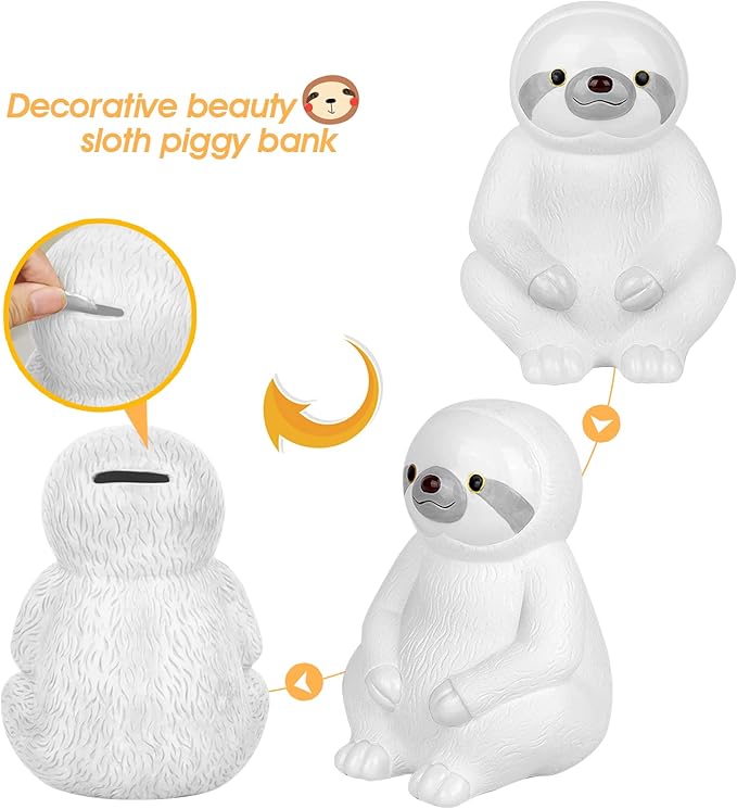 Winsterch White Piggy Bank,Sloth Ceramic Piggy Bank Saving Money Box,Practical Birthday Christamas Gifts for Kids Boys and Girls,Coin Bank7.87 x 5.9 inches