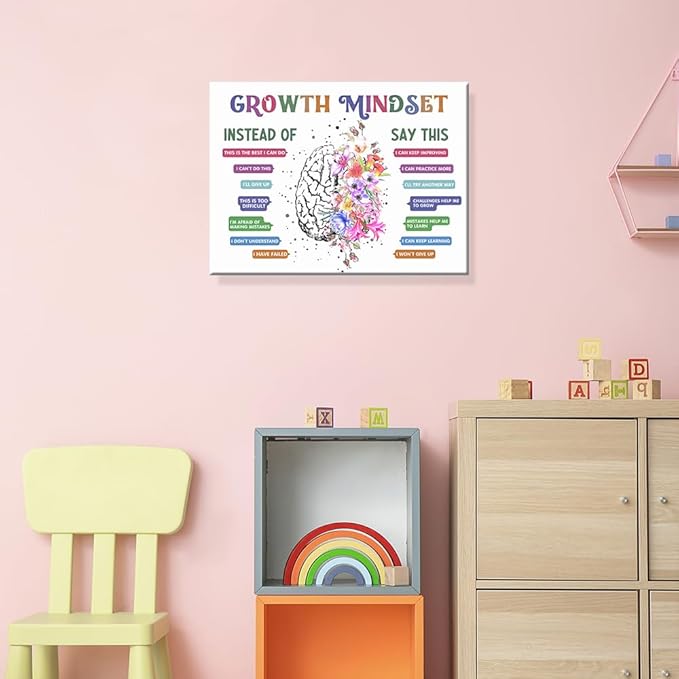uoyien Classroom Growth Mindset Affirmations for Kids Mental Health Posters Brain Poster Psychology Special Education Calm Corner Wall Art Office Therapy Canvas Wall Decor Prints 16x24in Wood Framed
