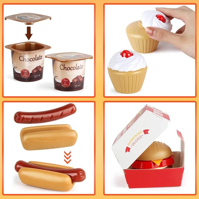 Fast Food Set - 59 PCS Kitchen Toy Set for Pretend Play, Kids Toddlers Play Accessories, Removable Food, Party Favor Christmas Stocking Stuffers