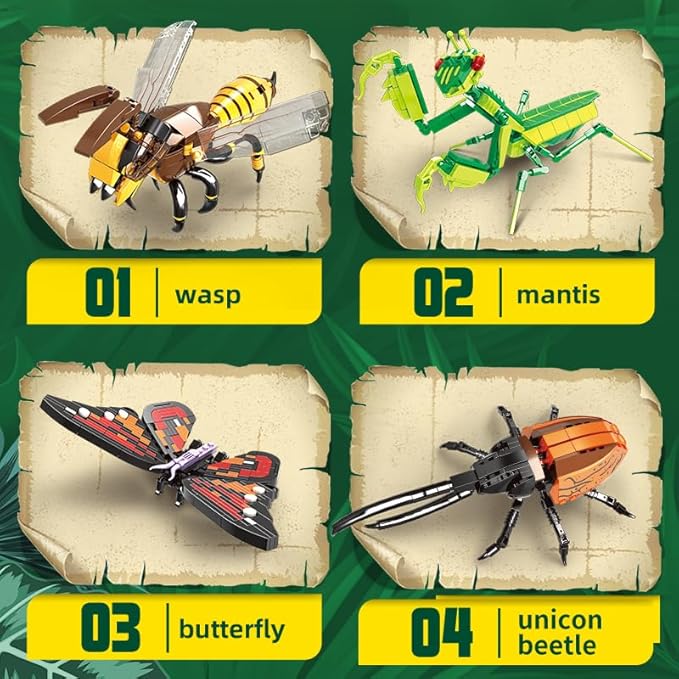 Insect Collection Building Block Set for Kids 6+, Butterfly Mantis Wasps Unicon Beetle Display Models for Nature Décor, 4 Packs Bug Building Toys, Fun Gift for Adults Boys Girls Nature Lovers (727PCS)
