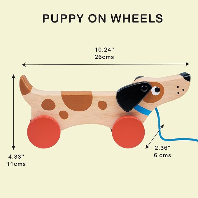 Mentari Toys - Puppy on Wheels - Wooden Dog Pull Toy for Toddlers - Natural Wood Toy with 7 inch Pull Chord, 4 Wheels, Rotating Ears - Enhances Motor Skills - Fosters Imaginative Play - Age 18M+