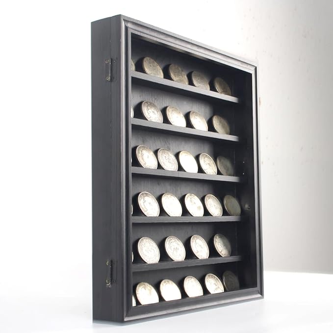 Challenge Coin Display Wall Mount, Military Coin Display Box with Removable Shelf, Poker Chip Holder, Lockable Cabinet Rack Stand