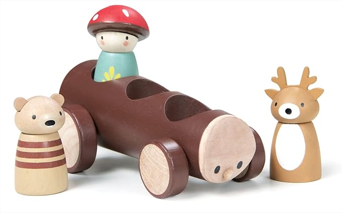 Tender Leaf Toys - Timber Taxi - Wooden Log Shaped Push Vehicle with 3 Removeable Characters - Open-Ended Play Toy, Explore Role-Play and Imagination for Boys and Girls - Age 18m+