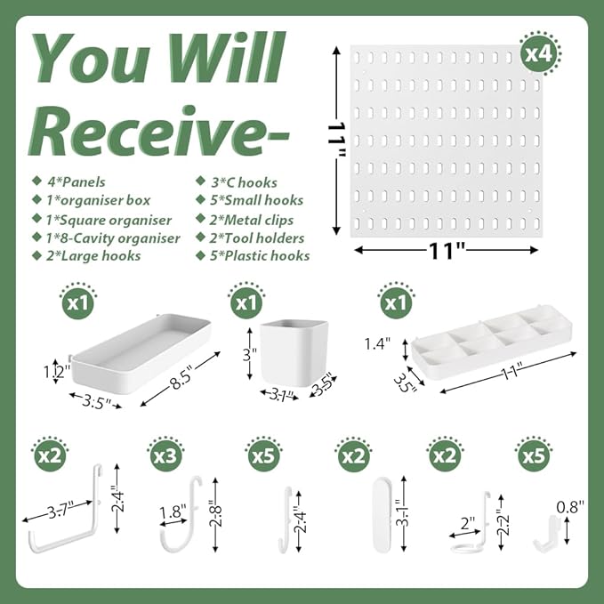 Pegboard Combination Kit Acrylic Pegboards and Accessories Modular Hanging White Wall Mount Display Board Panels for Wall Crafts Tools Organization Ornaments Display 22" x 22"