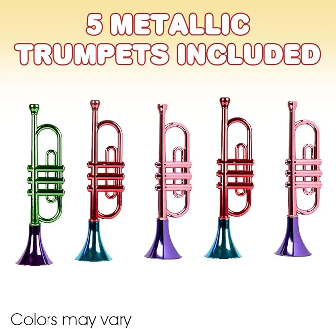 ArtCreativity 13 Inch Metallic Trumpets, Set of 5, Fun Plastic Musical Instruments Noise Makers for Parties and Events, Music Toys for Kids, Cool Birthday Party Favors for Boys and Girls