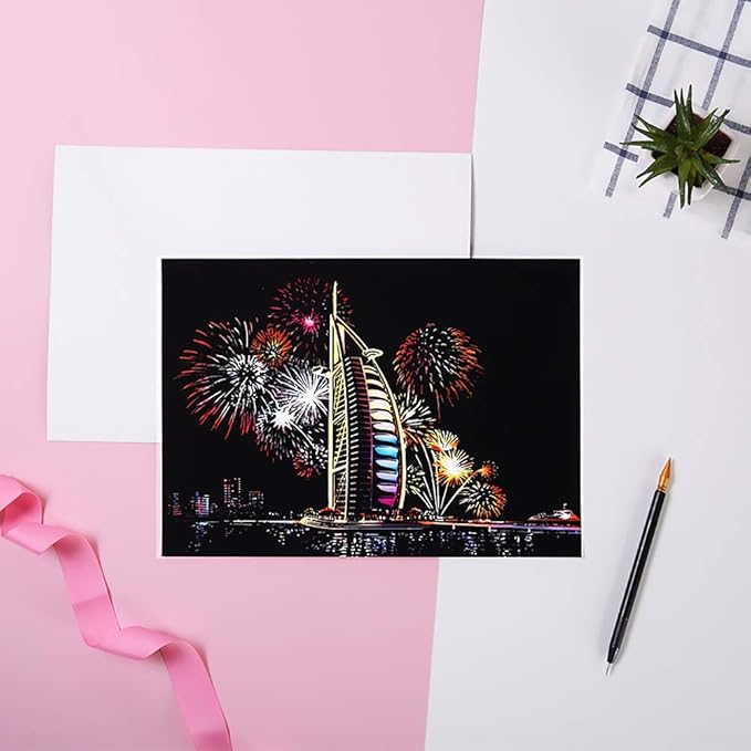 Scratch Art for Kids & Adult, Rainbow Engraving Painting Landscape Scratchboard(A4) Crafts Set: 8 Sheets 4 tools - Congress Building, Burj Al Arab, Eiffel Tower, Big Ben, Moscow(Fireworks / Building)