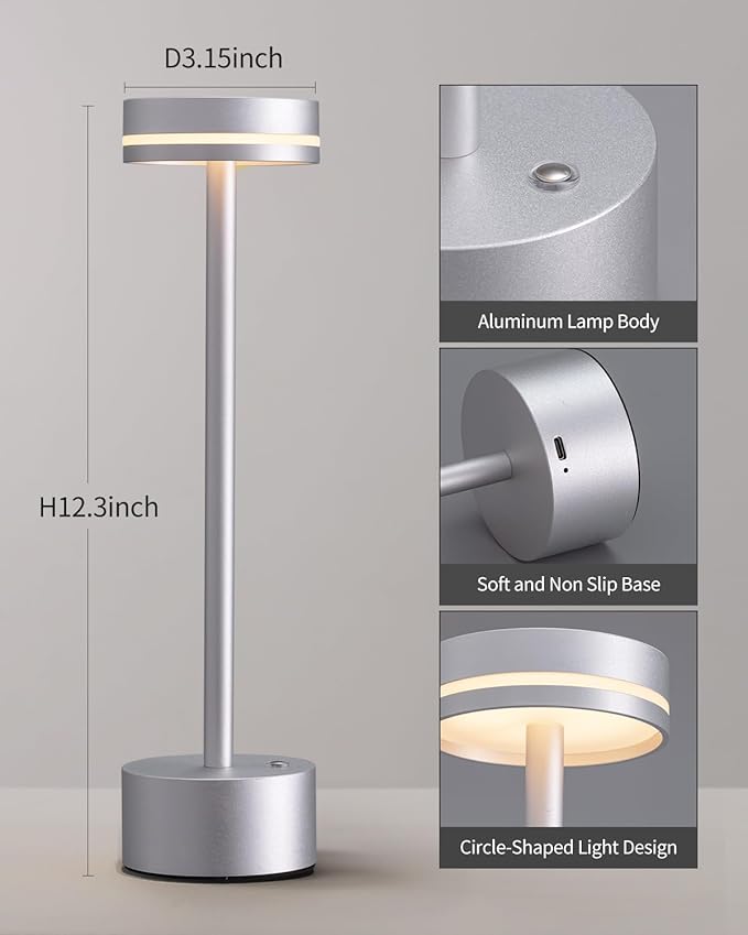 PUSU Portable Table Lamp Battery Powered LED Lamp Cordless Table Lights 3-Level Brightness Touch Control, for Home Office Bedroom Hotel Room Restaurant Outdoor(Silver)