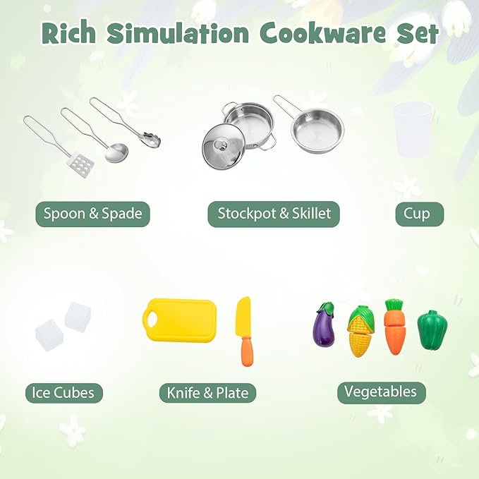 INFANS Kid Kitchen Playset, Toddler Wooden Pretend Cooking Set with Realistic Light & Sound, Stove, Sink, Microwave, Storage Cabinet, Play Kitchen Toy Set for Children Boys Girls (Green)