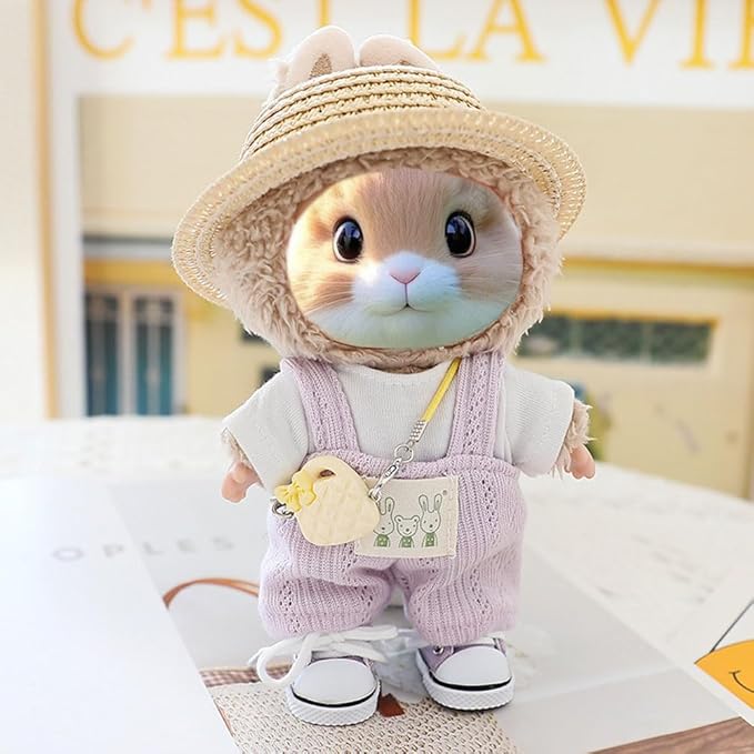 5 Pcs/Set 15-17cm Doll Clothes for Labb Rabbit Bunny, Lovely Girly Doll Clothing Straw Hat+Overalls+T-Shirt+Handbag+Canvas Shoes, Fashionable Outfit for Dress up, Doll Costume Fashion Dresses -Purple