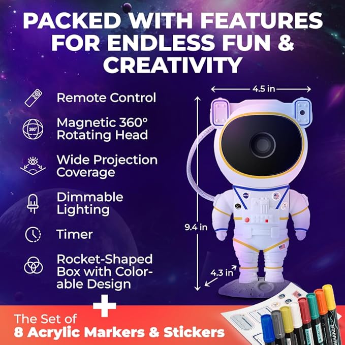Color My Astronaut Galaxy Projector - DIY Spaceman Night Light with Acrylic Markers Kit - Paint Your Own Lamp - Arts and Craft for Kids Ages 4-8 - Unique Christmas Gift for 5-10 Year Old Boys
