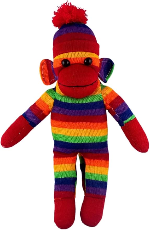 Adorable Sock Monkey, The Original Traditional Hand Knitted Stuffed Animal Toy Gift-for Kids, Babies, Teens, Girls and Boys Baby Doll Present Puppet (16" Rainbow)