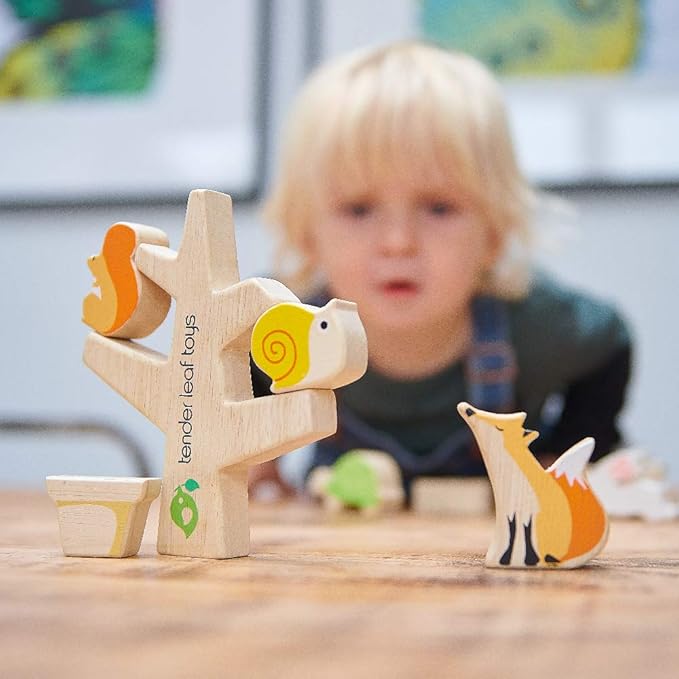 Tender Leaf Toys - Stacking Garden Friends - 14 Pcs Wooden Stacking & Balancing Toy & Educational Game with Free Travel Bag - Early Learning Develops Strategic Thinking & Fine Motor Skills - Age 18m+