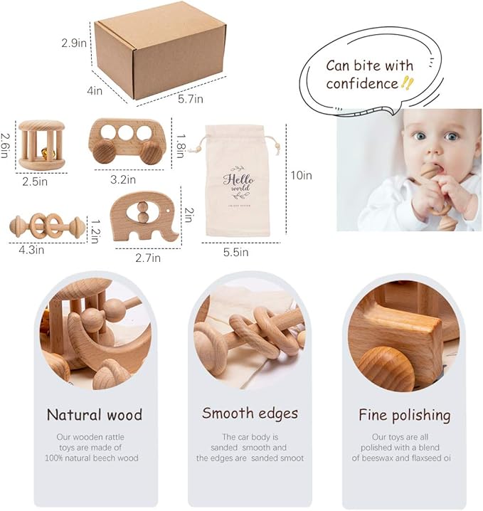Organic Wooden Baby Rattle Toy Montessori Rattle Roller Waldorf Inspired Grasping Toddler Toys