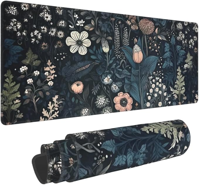 Dark Flower, Floral Plants Mouse Pad, Aesthetic Wildflowers Desk Pad, Gaming Mouse Pad, Non-Slip Rubber Base, Stitched Edges，23.6x11.8 inch Computer Mouse Mat Keyboard for Home Office