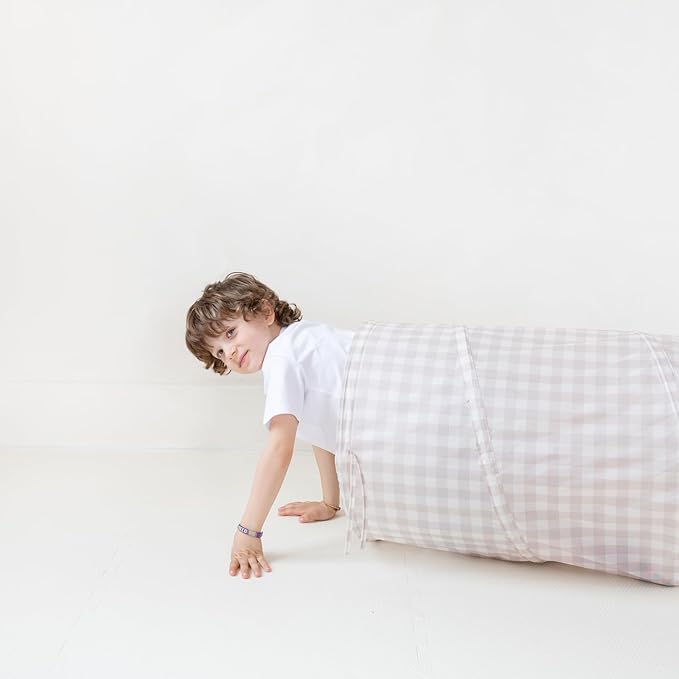 3 Sprouts Kids Play Tunnel - Pop Up Collapsible Tunnels with Recycled Fabric - Fun Crawling Tunnel for Toddler, Baby, Children to Crawl Through, Gross Motor Toy for Indoor Play - Gingham Beige